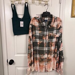 Bleached Plaid Button-Up Shirt W/ Matching Green Sports Bra
